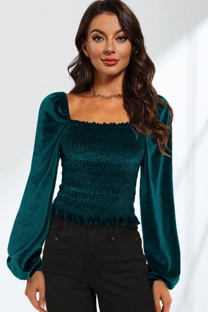 Smocked Square Neck Long Sleeve Blouse